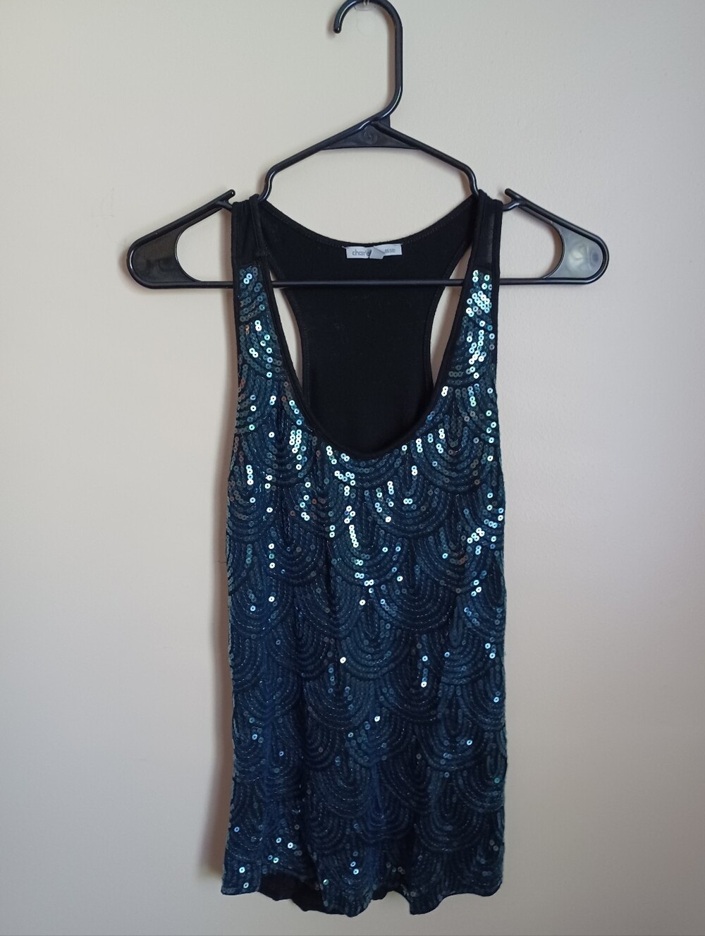 Women's Size Medium Charlotte Russe Sequins Design Black‎ Blue Tank Top Shirt